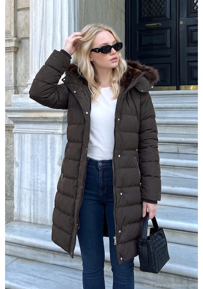 Lela Regular Fit Çıkarılabilir Kapüşonlu Fermuarlı Cepli Şişme Mont Kadın Mont 497emily Kahve