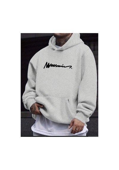 Medinenur Erkek El Yazılı Baskılı Kapüşonlu Sweatshirt Gri