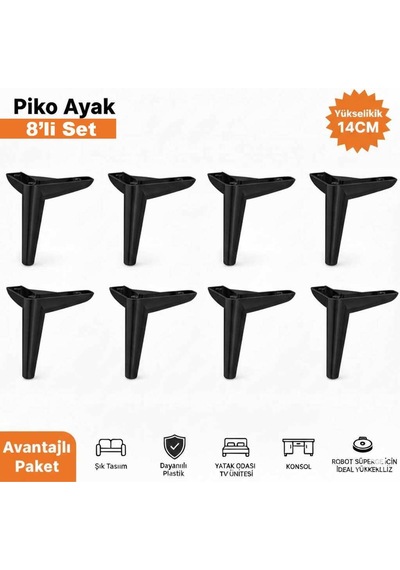 Piko 14 Cm Siyah 8 Adet Koltuk Baza Tv Ünitesi Yatak Odası Konsol Çocuk Ve Genç Odası Ayağı Siyah