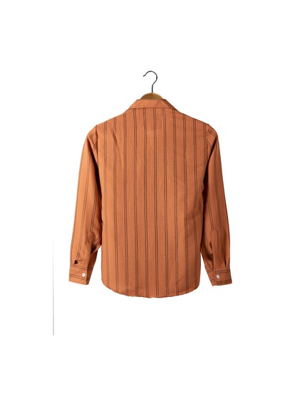 Erkek Kiremit Uzun Kollu Cepli Pamuk Slim Fit Çizgili Yazlık Gömlek Kiremit