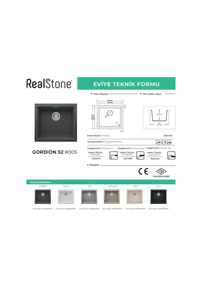 Gordion 52 K05 Granit Evye 520x470 Mm Tek Göz Mutfak Evyesi - K005 Gordion 52 Siyah Siyah