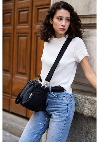 Sanmorris Unisex Krinkıl Kumaş Omuz Ve Çapraz Askılı Siyah Renkli Çanta Siyah
