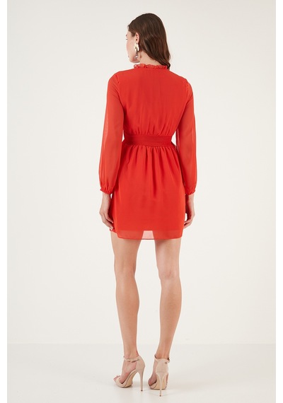 Lela V Yaka Regular Fit Gipeli Düğme Detaylı Şifon Mini Bayan Elbise 611El01433 Orange