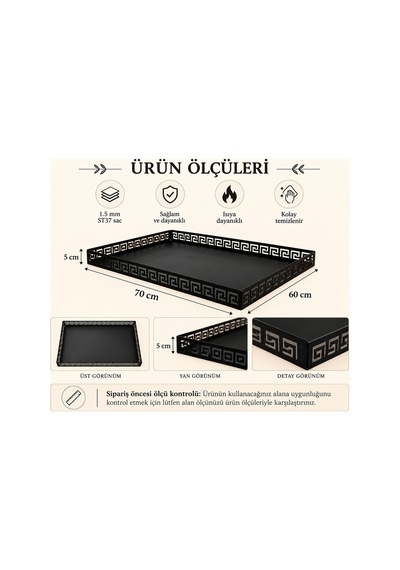 Metal Şömine & Soba Altlığı Siyah Antik Desenli Dekoratif Zemin Koruyucu 70x60 Cm - 928430892
