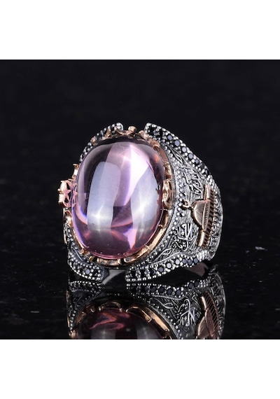 925 Ayar Gümüş Erkek Yüzüğü, Müslüman Camisi Pembe Topaz Yapay Taş Gümüş