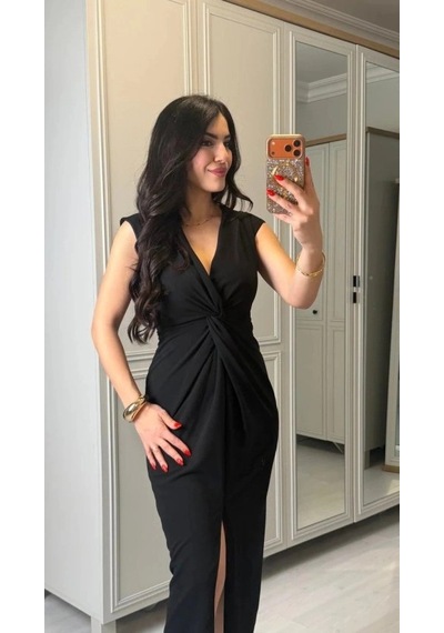 Valensdesign Kadın Kısa Kollu V Yakalı Önü Sarmal Detaylı Yırtmaçlı Sandy Midi Elbise Siyah