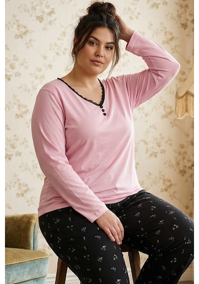 Siyah İnci Pembe Desenli Düğmeli Büyük Beden Battal Boy Viskon Örme Pijama Takım 26224831