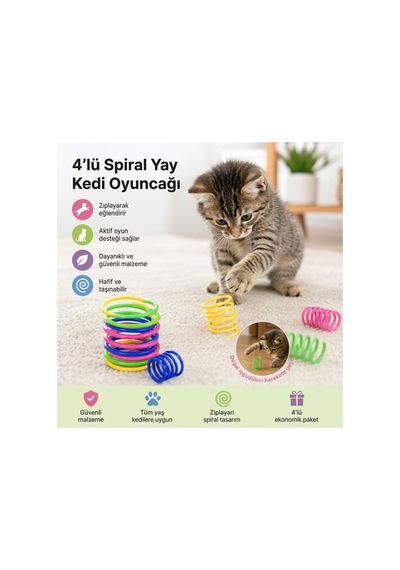 4&amp 39 Lü Renkli Spiral Yay Kedi Oyuncağı, Esnek Ve Hareketli Eğlenceli Kedi Oyun Seti 5671 Çok Renkli