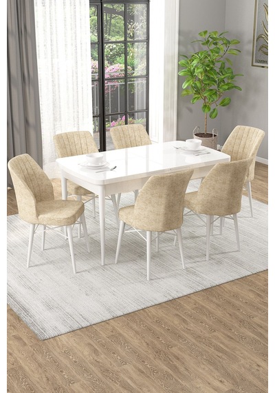 Arel Beyaz 80x132 Açılabilir Mdf Masa Yemek Odası Takımı, Mutfak Takımı 6 Adet Sandalye Beyaz Masa - 6 Krem - Beyaz Ayak Arel Beyaz 80x132 Açılabilir Mdf Masa Yemek Odası Takımı, Mutfak Takımı 6 Adet Sandalye Beyaz Masa - 6 Krem - Beyaz Ayak