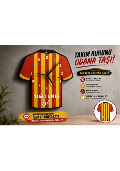 İsimli Taraftar Duvar Saati , Kişiye Özel - Hediyelik İsimli Forma Duvar Saati - İsimli Sarı Kırmızı Siyah