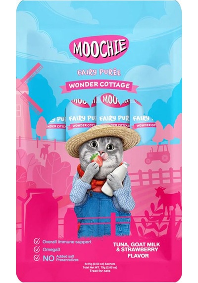 Moochie Sıvı Kedi Ödülü Ton Balığı, Keçi Sütü Ve Çilekli - 5 X 15 Gr