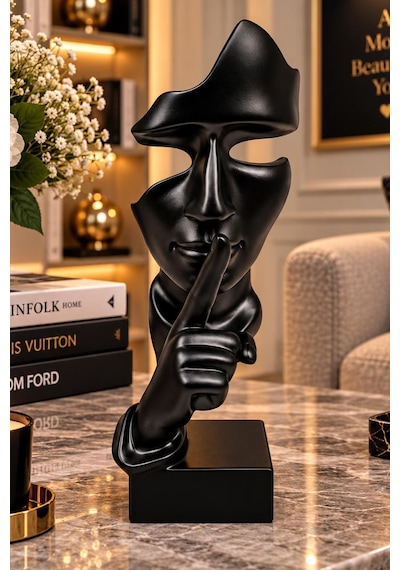 Siyah Soyut Maske Ve El Figürü Modern Dekoratif Heykel Masaüstü Obje 5x16 Cm 036-b