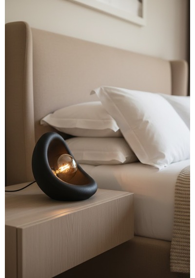 Modern Beton Dokulu Abajur Organik Oval Gece Lambası Masaüstü Komodin Lambası 25 Cm Siyah