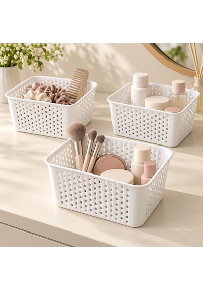 3 Adet Beyaz Plastik Sepet Düzenleyici Organizer Seti, Çok Amaçlı Delikli Saklama Sepeti, Çekmece İçi Ve Dolap İ Diğer