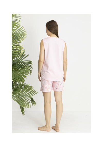 Estiva Kadın Çiçek Alt Desenli Pembe Kolsuz Şortlu Penye Lycra Pijama Takımı Çok renkli