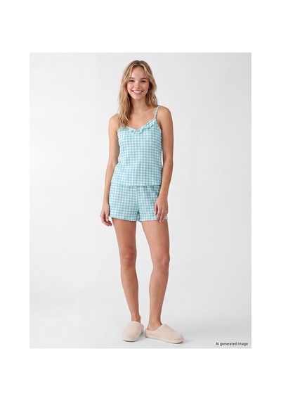 Lcw Dream Mavi V Yaka Ekose Kadın Şortlu Pijama Takımı