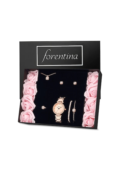 Forentina Rose Tektaş Kolye Küpe Bileklik Yüzük Saat Hediye Set P