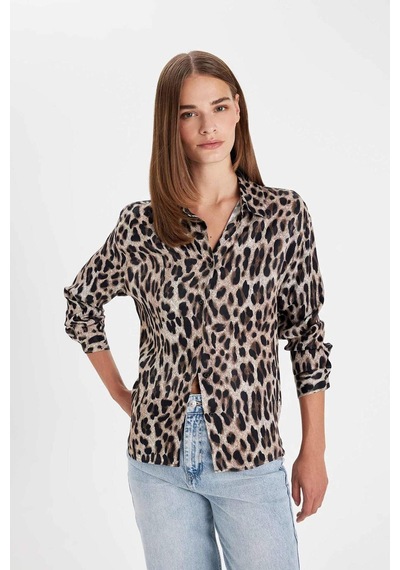 Defacto Regular Fit Leopar Desenli Poplin Uzun Kollu Gömlek D3148AX24AUBK81 Siyah