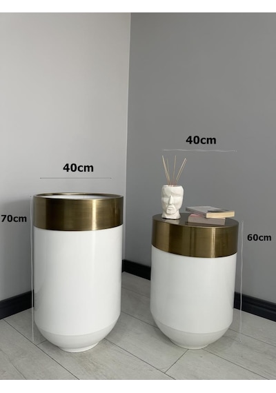 Dekoratif Eskitme Darbuka Parlak Beyaz Saksı 70cm + Sehpa 60cm İkili Set
