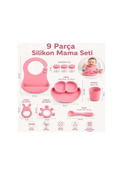 9 Parça Mama Seti %100 Silikon Bpa İçermez Ek Gıdaya Uygun Pembe