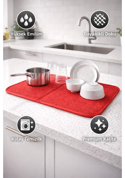 Kırmızı Mikrofiber Bulaşık Kurulama Matı Kurutma Örtüsü Tezgah Üstü Süper Emici Premium Kalite Kırmızı