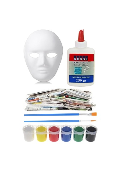 Karton Maske Yapım Seti 1 Adet Karton Maske Beyaz Tutkal Eski Gazete Akrilik Boya Resim Fırçası Kağıt Hamurundan Maske