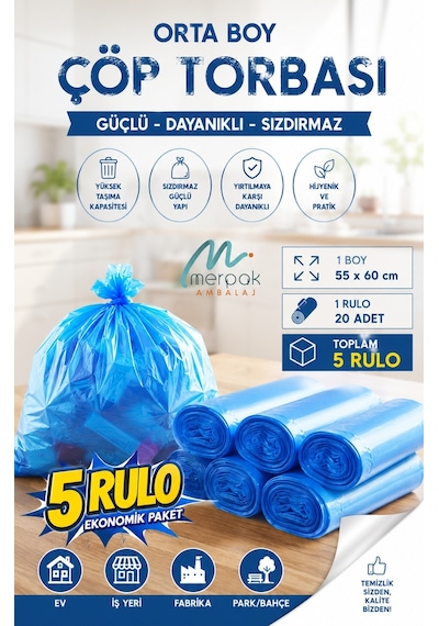 Çöp Torbası Orta Boy 20'li X 5 Rulo Mavi Çöp Poşeti 55x60 Cm