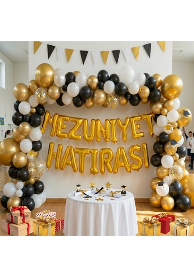 Mezuniyet Temalı Mezuniyet Hatırası Gold Folyo Harf Beyaz Siyah Gold Balon Süsleme Beyaz - Siyah