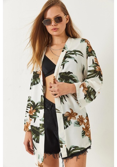 Shade Kadın Çiçek Desenli Kısa Viskon Kimono 60261498 - Ekru