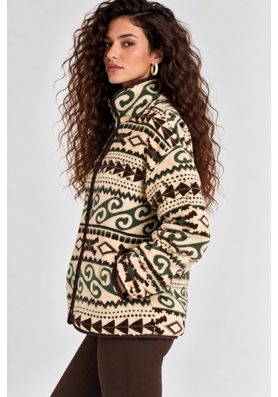 Mevese Esenli Dik Yaka Cepli Biyeli Kadın Polar Sweatshirt - Krem-yeşil
