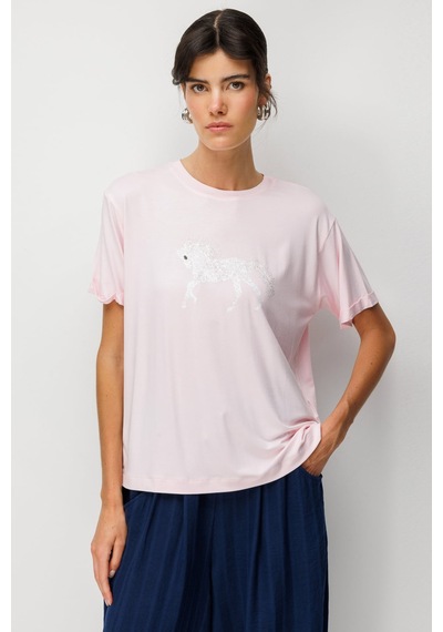 On At Baskılı Sıfır Yaka Tişört T-shirt Pembe