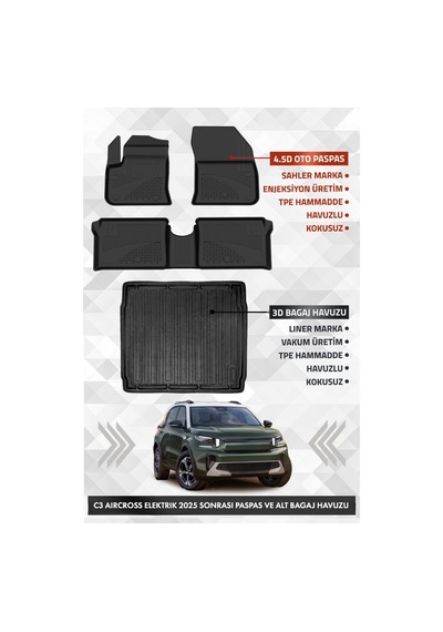 Citroen C3 Aircross Elektrikli 2025 Sonrası Uyumlu 4.5d Premium Havuzlu Paspas Ve Liner Alt Bagaj