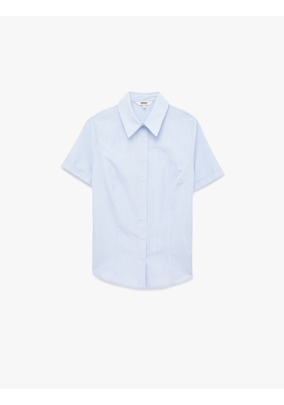 Koton Slim Fit Klasik Yaka Kısa Kollu Çizgili Poplin Gömlek Mavi Çizgili 6sak60022uw Antrasit