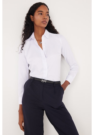Tudors Kadın Slim Fit Dar Kesim Vucüda Oturan Uzun Kollu Gizli Düğme Detaylı Beyaz Basic Gömlek-35320 Beyaz