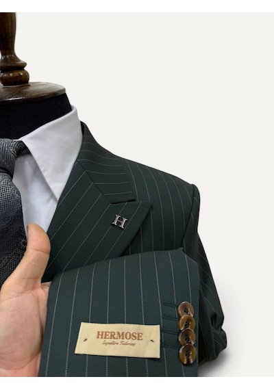Hermose Sartorial Zümrüt Yeşili Çizgili Kruvaze Takım Elbise Yeşil