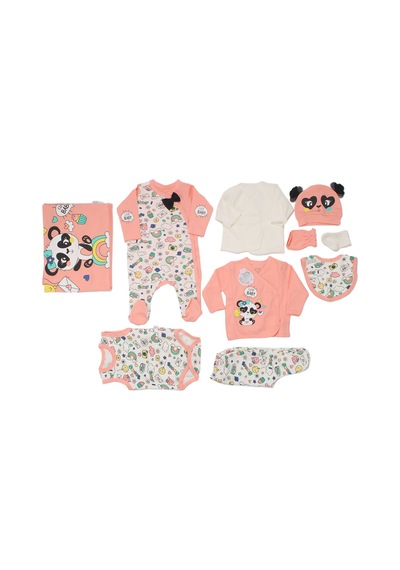 Bebegen Kız Bebek Somon Beyaz Cute Baby Yazılı Panda Baskılı 10 Parça Hastane Çıkış Seti Çok Renkli