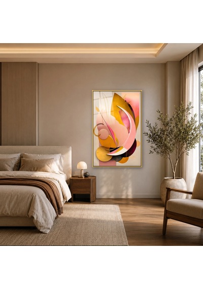Pastel Akışkan Kavisler Gold Çerçeveli Cam Tablo