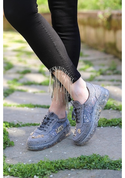 Astra Taşlı Desenli Şeffaf Taban Gri Renkli Kadın Sneaker-gri Gri
