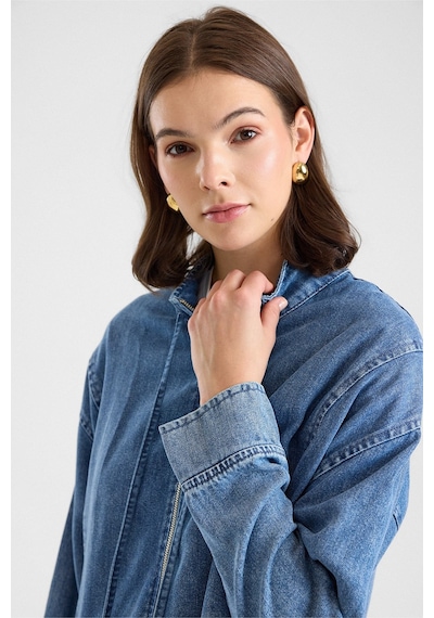 Olcay Fermuar Kapamalı Bağcık Detaylı Soft Denim Ceket Pantolon İkili Takım Mavi 9468-tk