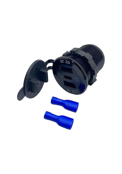 12v-24v Telefon Şarj Cihazı Usb X2+type-c 3 A Off-on Dokunmatik Mavi Işık 28 Mm