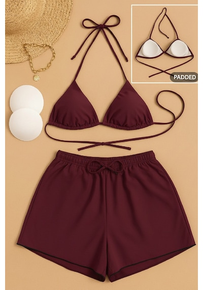 Angbutik Kadın 3'lü Set Bordo Şortlu Ve Yandan Bağlamalı Bikini Mayo Takımı