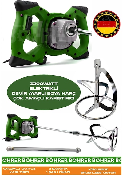 Böhrer Hb0405t Alman 3200w Devir Ayarlı Çift Şanzıman Yeni Nesil Elektrikli Boya Harç Çok Amaçlı Yeşil Karıştırıcı