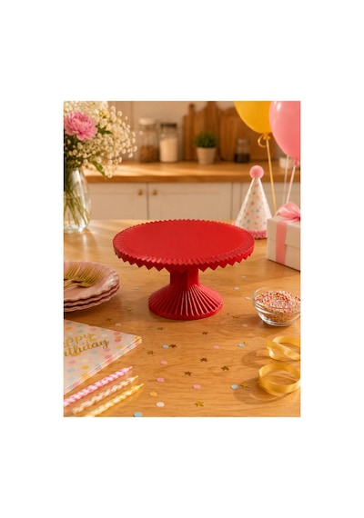 25 Cm Pasta Standı Kalp Desenli - Kurabiye Standı Sunumluk Kek Pasta Kırmızı