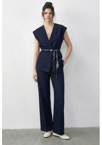 Shade Kadın Kruvaze Yaka Saten Kuşaklı Yelek Bol Pantolon Alt-üst Denim Takım 9415 60286044 - Lacivert