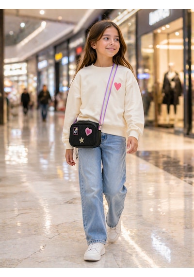 İcone Bag Denim Nakışlı Kız Çocuk Omuz Çantası, Denim İşlemeli Kız Çocuk Çantası, Kot Çocuk Çanta Siyah