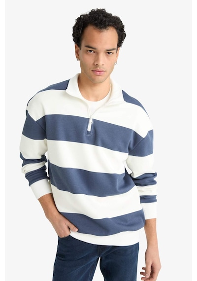 Defacto Boxy Fit Dik Yaka Yarım Fermuarlı Çizgili Sweatshirt F4640ax25aunv94 Lacivert