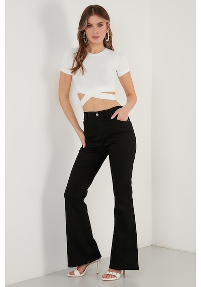 Lela Fitilli Bel Detaylı Kısa Kollu Dar Kesim Crop Bayan Bluz 5864211 Ekru
