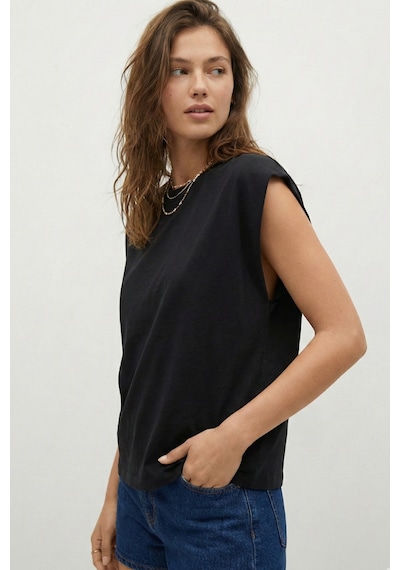 Elemge %100 Pamuk Süprem Tok Kumaş Kadın Oversize Siyah T-shirt Geniş Omuzlu Dökümlü Kolsuz Bol Kalıp