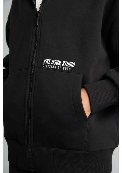 Defacto Baskılı Kapüşonlu Fermuarlı Cepli Sweatshirt Hırka Erkek Çocuk H9681a826wnbk81 Siyah-bk81