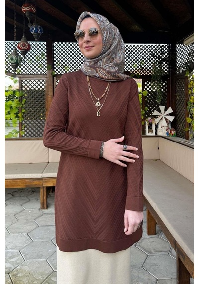 Rabia Şamlı Damla Triko Tunik Kahve Çok Renkli